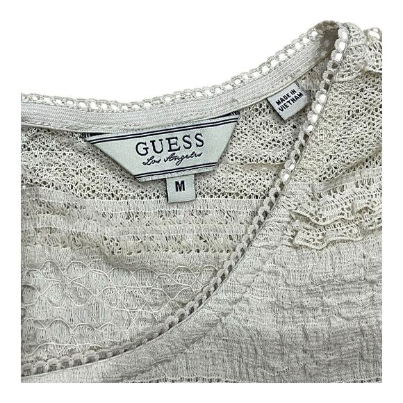 GUESS Y2K Top Cream Fitted Mesh Lace Sheer Sz M Romantic Coquette Blouse Stretch - Picture 6 of 9